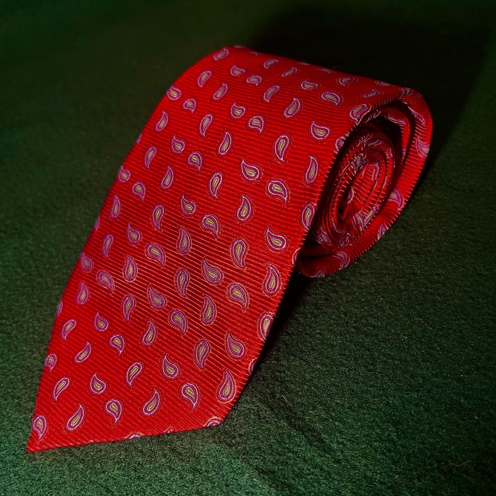 Vintage 100% Silk Jos. A Bank Made In Italy Paisley Striped Tie Red